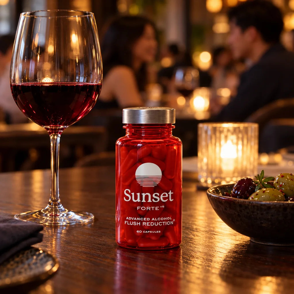 The Sunset Forte bottle on a restaurant table beside a glass of red wine, evening