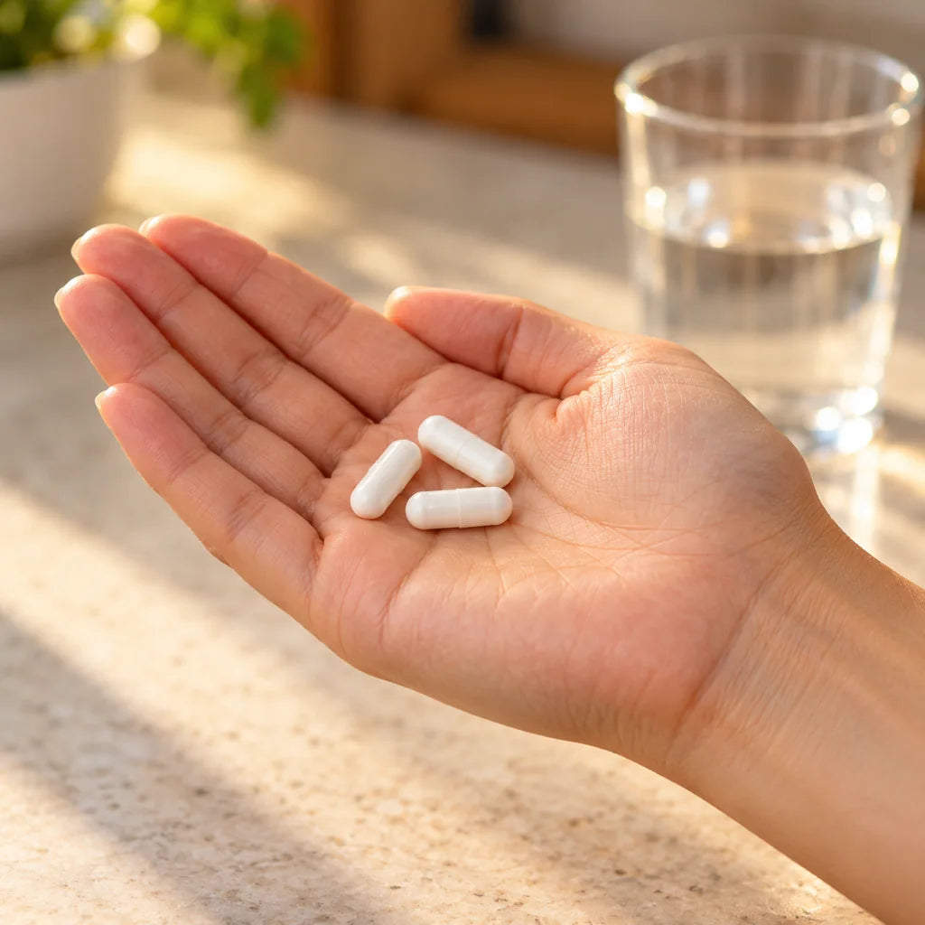 Three white Sunset Forte capsules in an open palm, with a glass of water behind