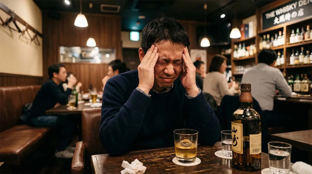Man with a headache from drinking whiskey