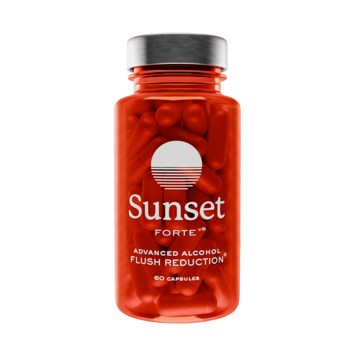 Sunset Forte bottle, translucent red with a silver cap, 60 capsules