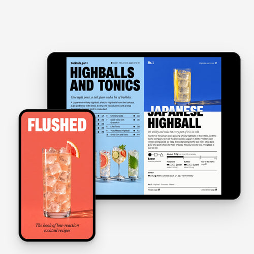 Flushed on a phone and a tablet: the cover, and pages 16 and 17, the Highballs and tonics opener and No. 1, the Japanese Highball.