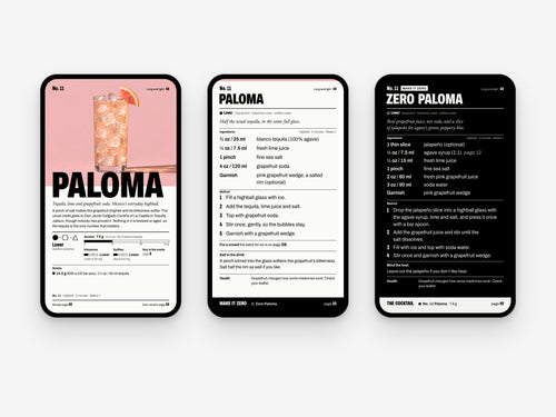 Pages 48, 49 and 50 of Flushed on three phones: the Paloma plate, its recipe with a light pour, and the Zero Paloma on a black page.