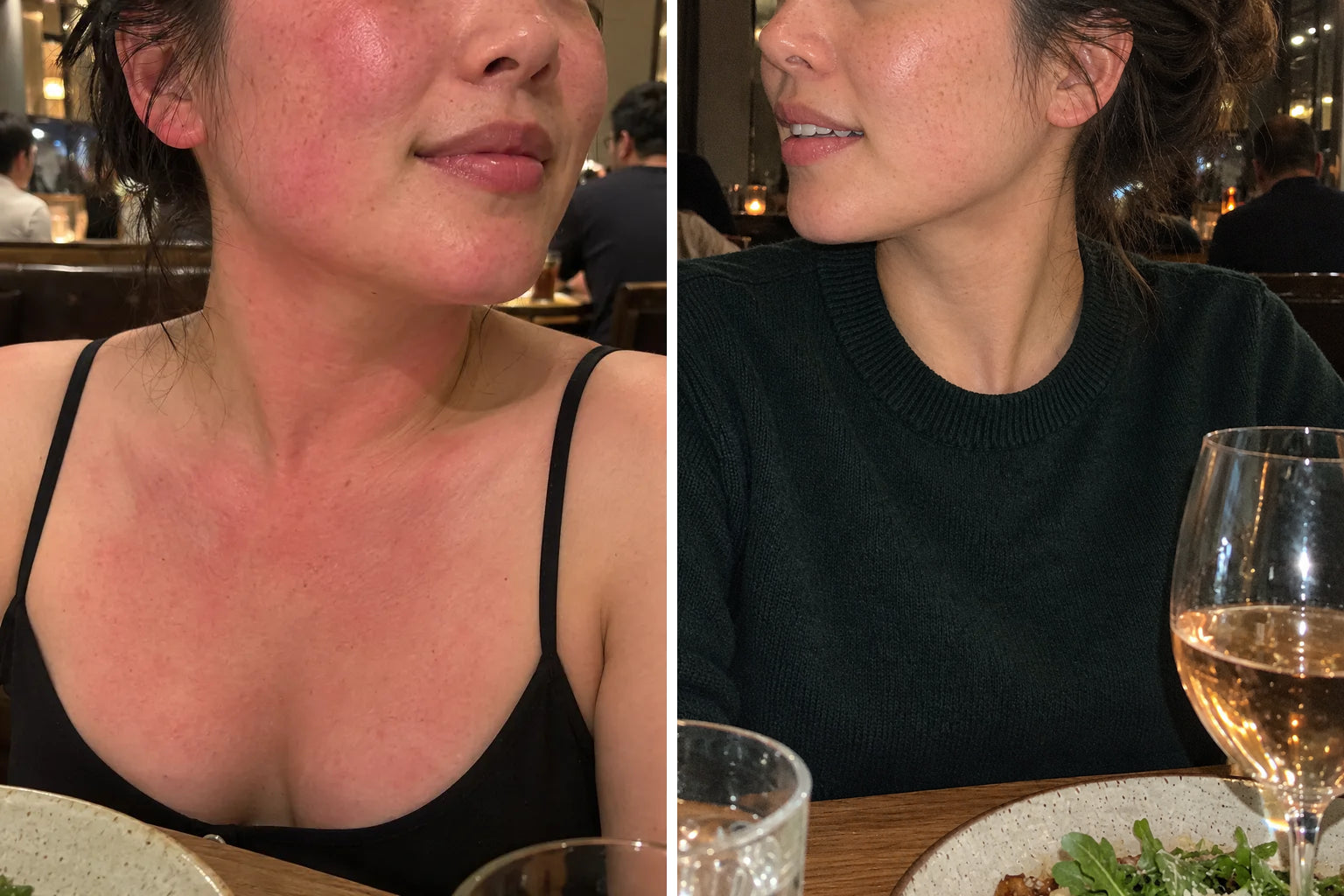 Illustration: a woman in a black top with a red neck and chest on the left, and the same woman with far less red on the right