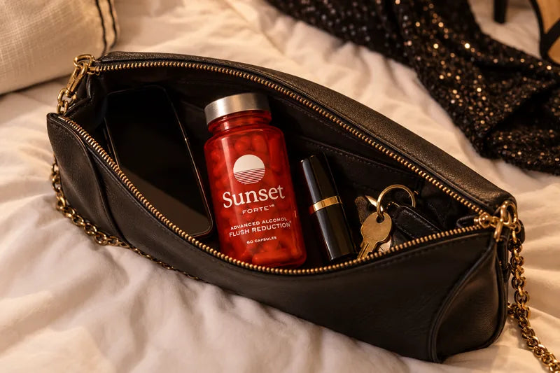 A bottle of Sunset Forte inside a black evening clutch with a phone, a lipstick and a key