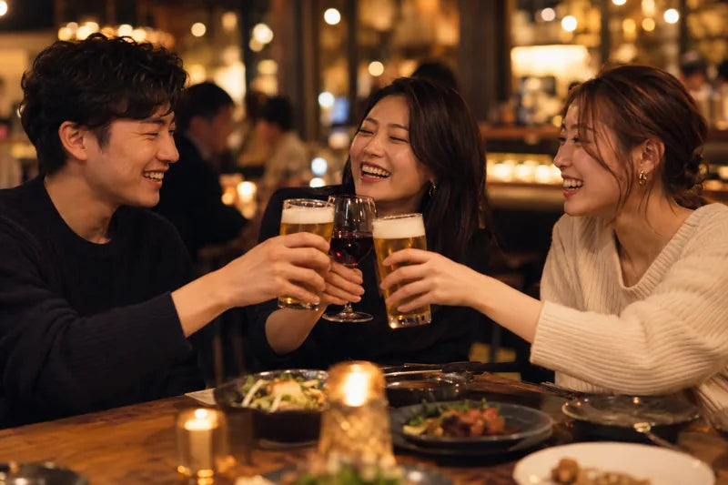 Three friends toasting with beer and wine at a restaurant table in warm light