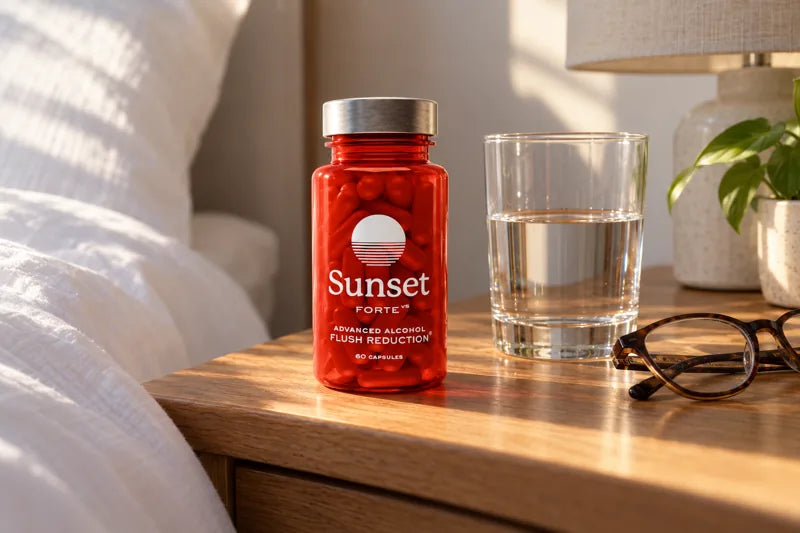 A bottle of Sunset Forte on a bedside table in morning light with a glass of water and a pair of glasses