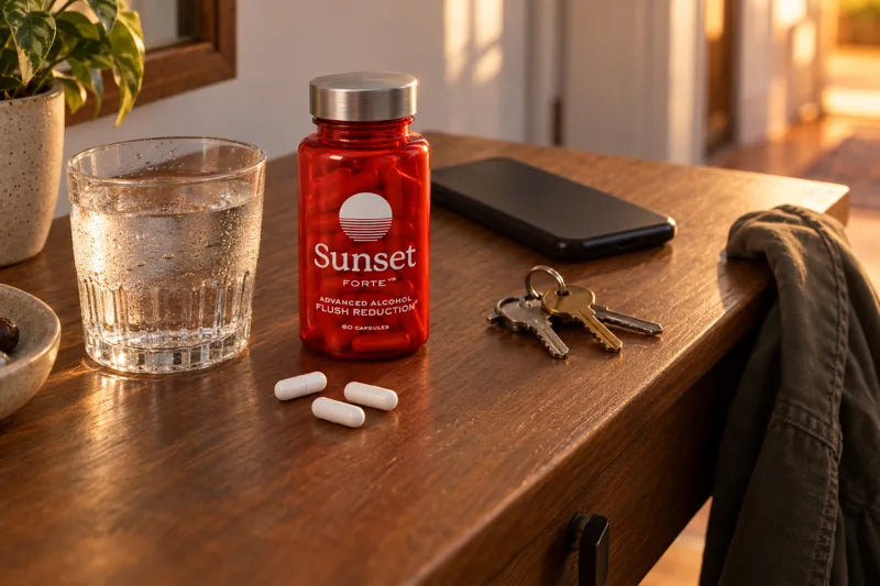 A hallway table in evening light with a bottle of Sunset Forte, three capsules, a glass of water, keys, a phone and a jacket